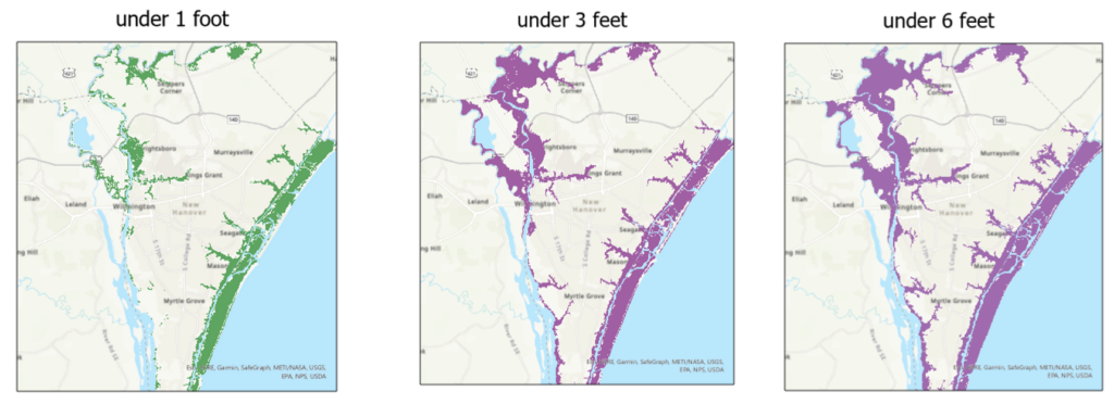 Land loss due to rising water levels brings the climate crisis to those living near the coast. Image of three maps showing the impact of 1, 3, and 6 feet of storm surge.